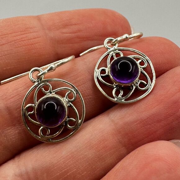 5mm amethyst cabochon dangle earrings in stamped sterling silver! - Picture 3 of 15